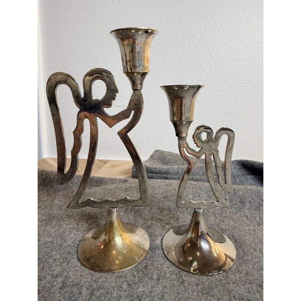 Set 2 VTG International Silver Co India Handmade Angel Candle Holders Cottagecor